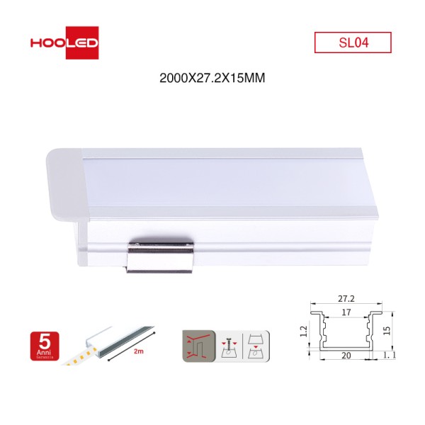 Profilo in alluminio per striscia led SL04 2000x27.2x15mm-Profilo alluminio striscia LED-SL-HOOLED