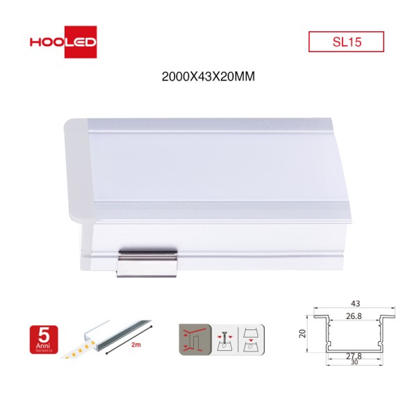 Profili per strisce led soffitto SL15 2000x43x20mm-Profilo LED soffitto-SL-HOOLED