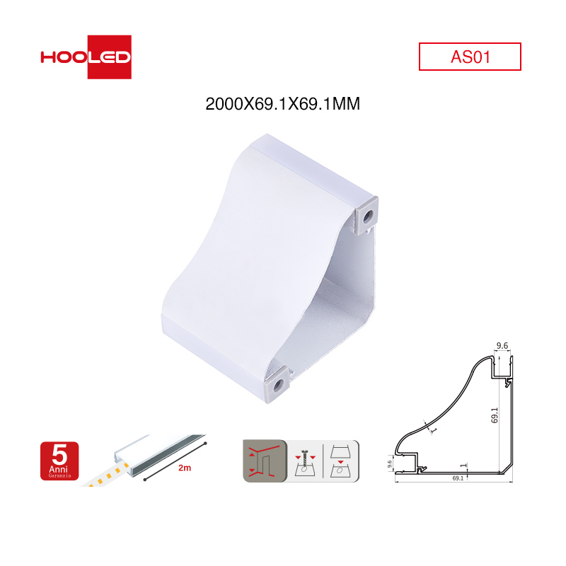 Profilo alluminio striscia LED AS01  2000x69.1x69.1mm-Profilo LED angolare-AS-HOOLED