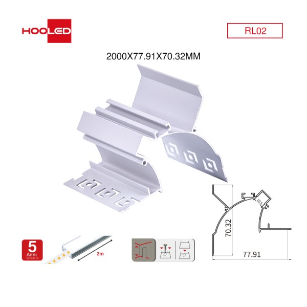 Profilo alluminio striscia LED RL02 2000x77.91x70.32mm-Profilo LED-RL-HOOLED