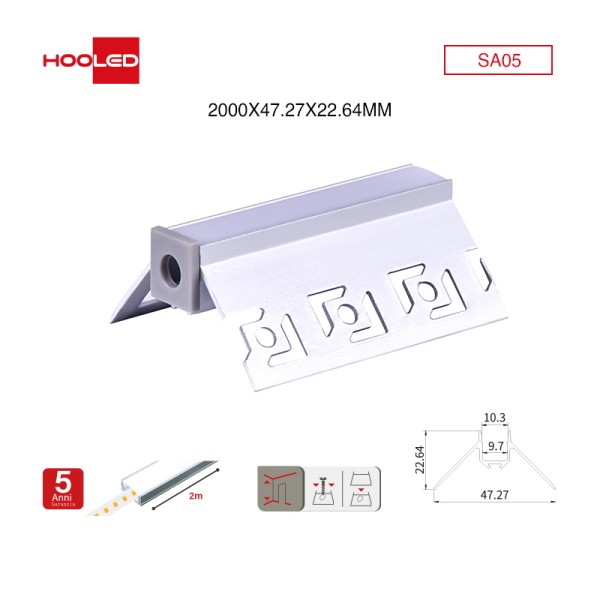 Profilato per strisce led SA05 2000x47.27x22.64mm-Profilo LED soffitto-05 17-HOOLED