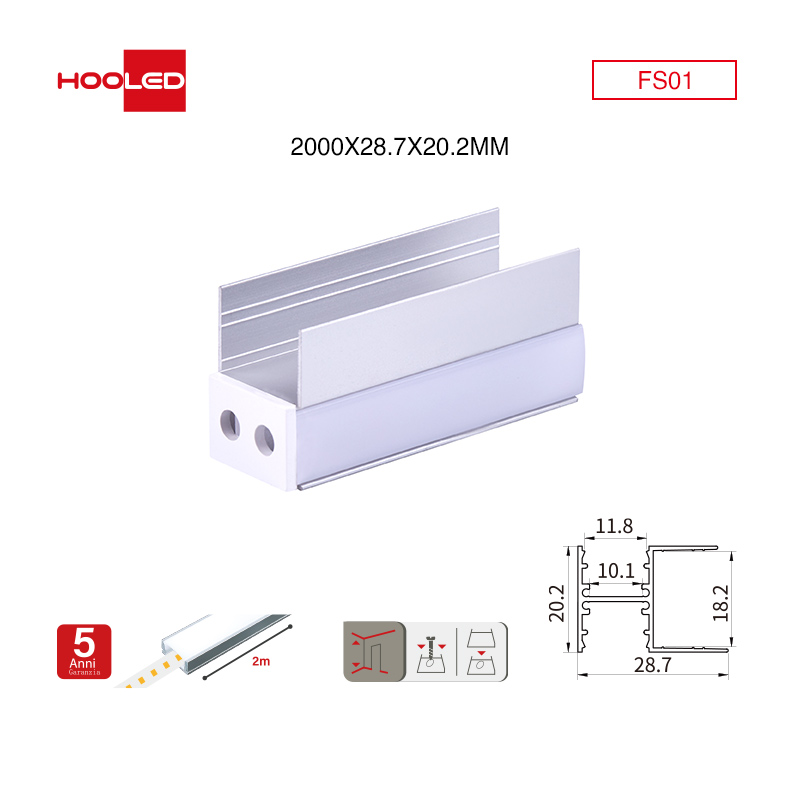 Profili alluminio strisce led FS01 2000x28.7x20.2mm-Profilo alluminio striscia LED-FS-HOOLED
