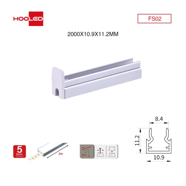 Profilo led incasso muro FS02 2000x10.9x11.2mm-Profilo alluminio striscia LED-05 20-HOOLED