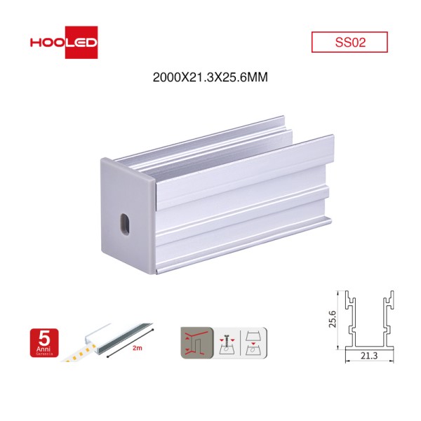 Profili per strisce led soffitto SS02 2000x21.3x25.6mm-Profilo LED soffitto-05 29-HOOLED