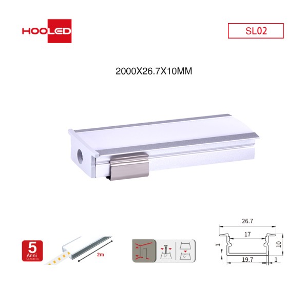 Profilo alluminio per striscia led SL02 2000x26.7x10mm-Profilo alluminio striscia LED-SL-HOOLED