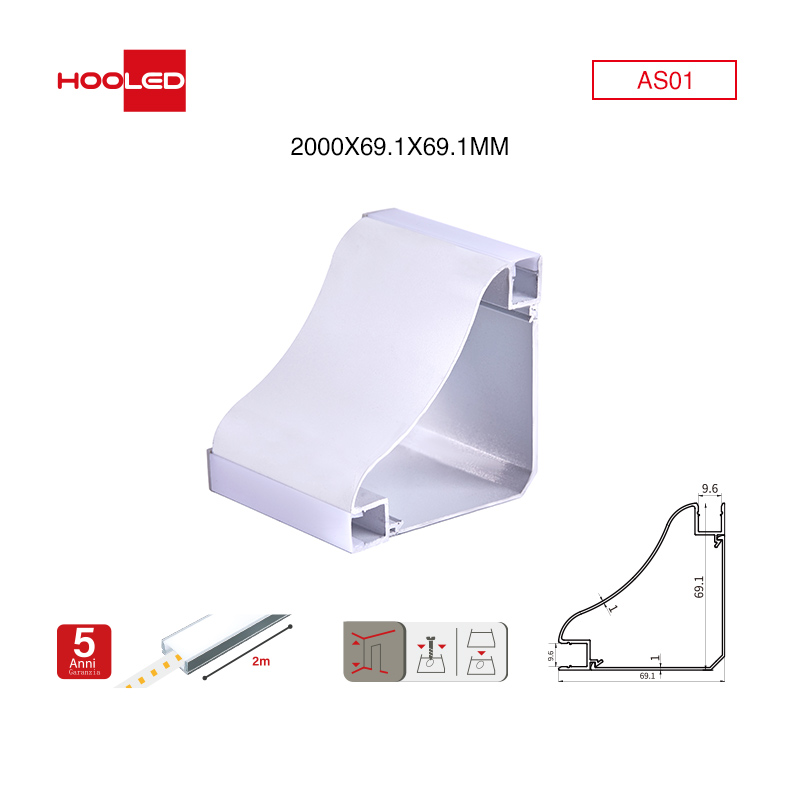Profilo alluminio striscia LED AS01  2000x69.1x69.1mm-Profilo LED-AS-HOOLED
