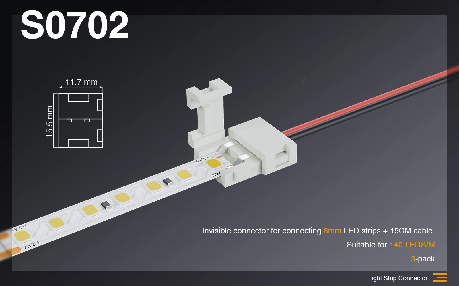 Connettore invisibile per collegare strisce led 8mm + cavo da 15CM  /Adatto per 140 LEDS-Connettori Strisce LED-S0702 01-HOOLED