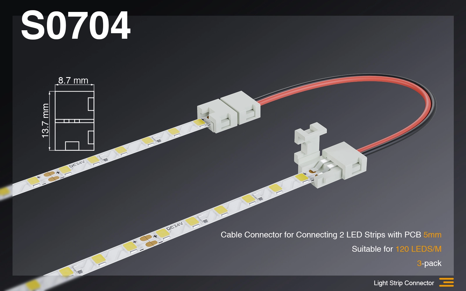 Cavo Connettore per Collegare 2 Strisce Led con PCB 5MM/Adatto per 120 LEDS/MT-Connettori Strisce LED-S0704 01-HOOLED