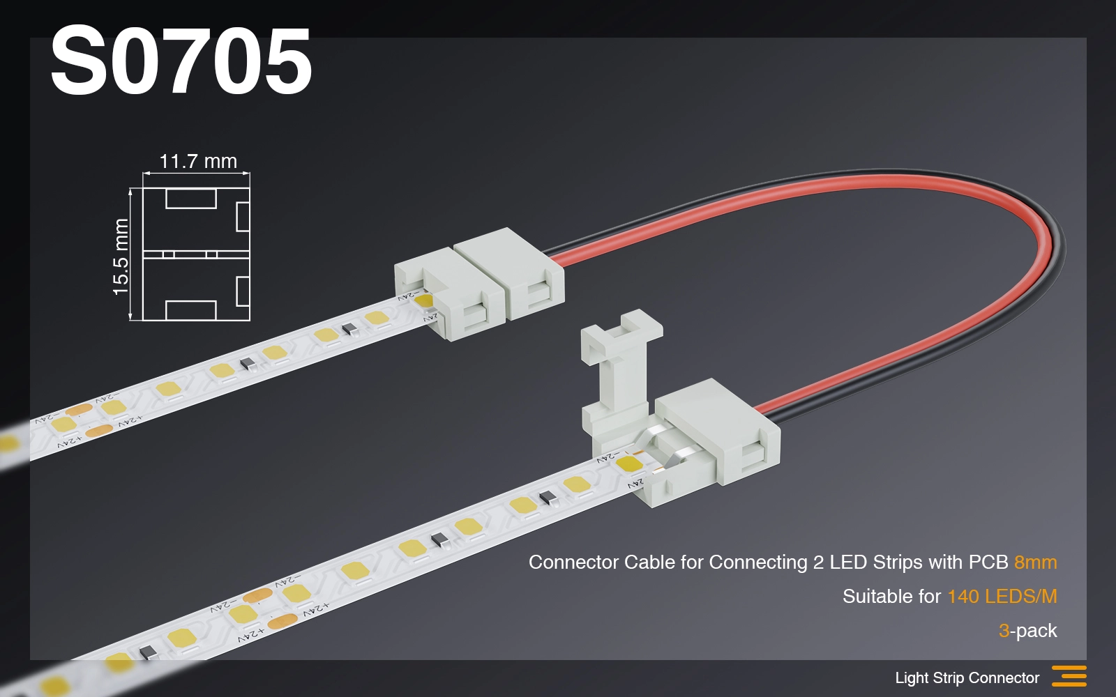 Cavo Connettore per Collegare 2 Strisce Led con PCB 8MM/Adatto per 140 LEDS/MT-Connettori Strisce LED-S0705 01-HOOLED