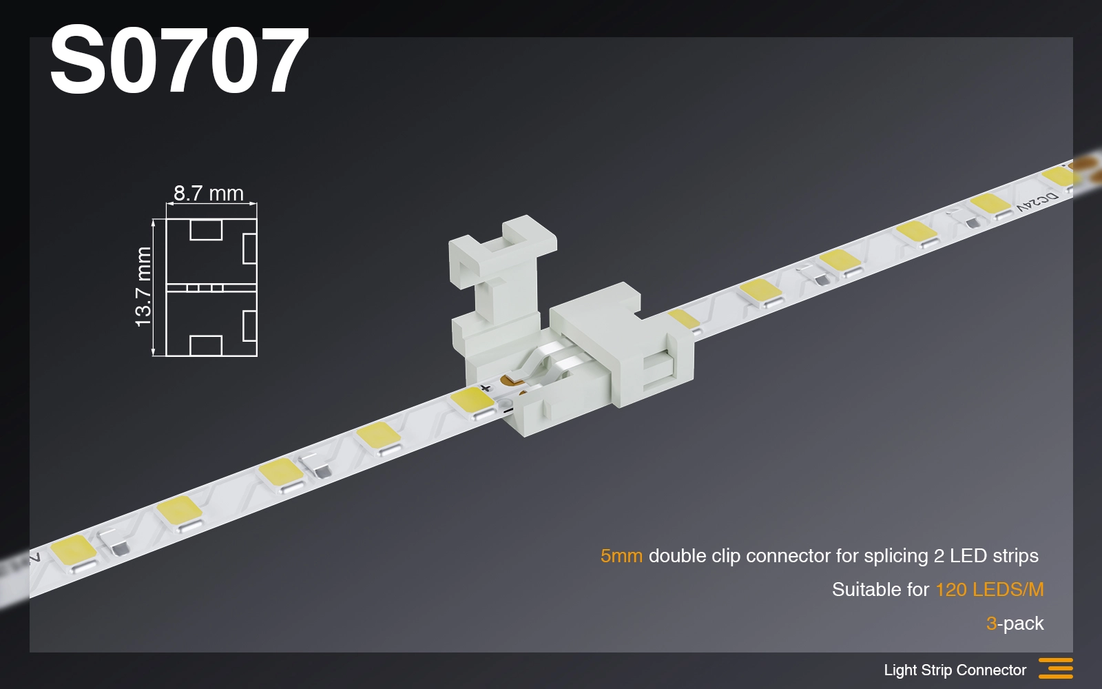 Connettore 5MM  doppio clip per giuntare 2 Strip LED /Adatto per 120 LEDS-Connettori Strisce LED-S0707 01-HOOLED