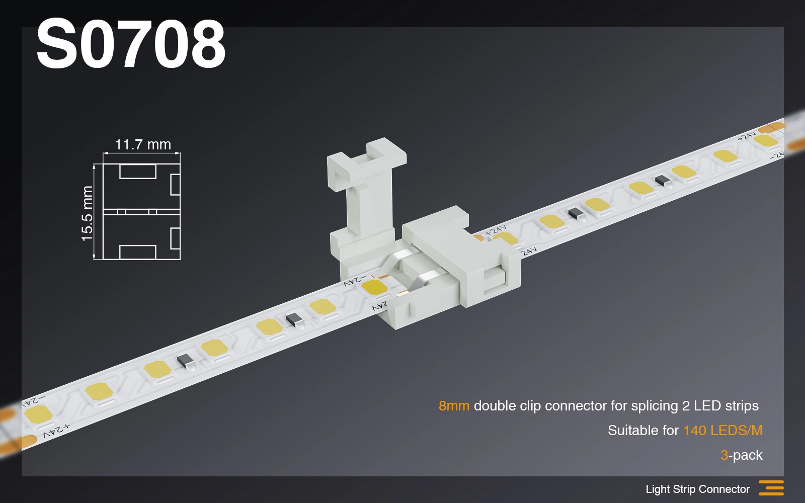 Connettore 8MM  doppio clip per giuntare 2 Strisce led /Adatto per 140 LEDS-Connettori Strisce LED-S0708 01-HOOLED