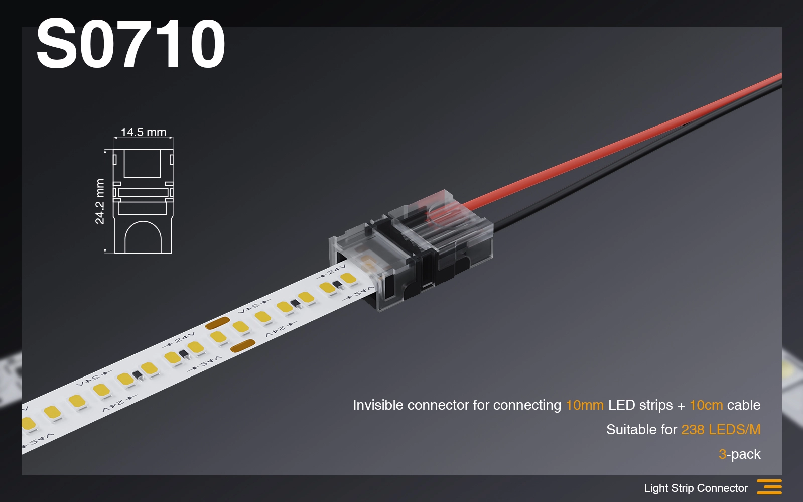 Connettore invisibile per collegare strisce led 10mm + cavo da 10CM /2Pin/Adatto per 240 LEDS-Connettori Strisce LED-S0710 01-HOOLED